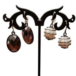 Elegant Oval Faceted Gem‎ Dangle Earrings & Pearl Wire Cage Drop Earrings Set